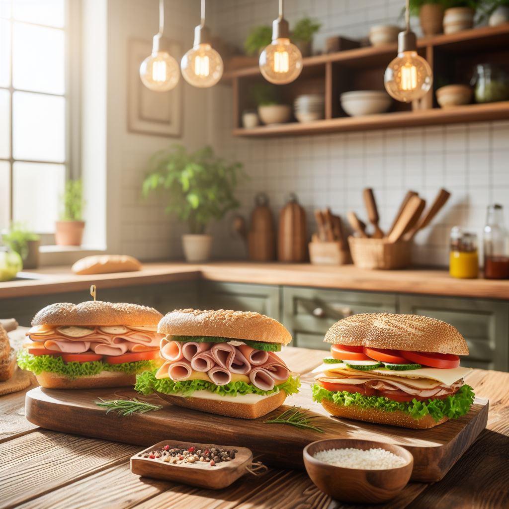 3 different sandwiches with ham and fresh vegetables in a welcoming and warm wood kitchen