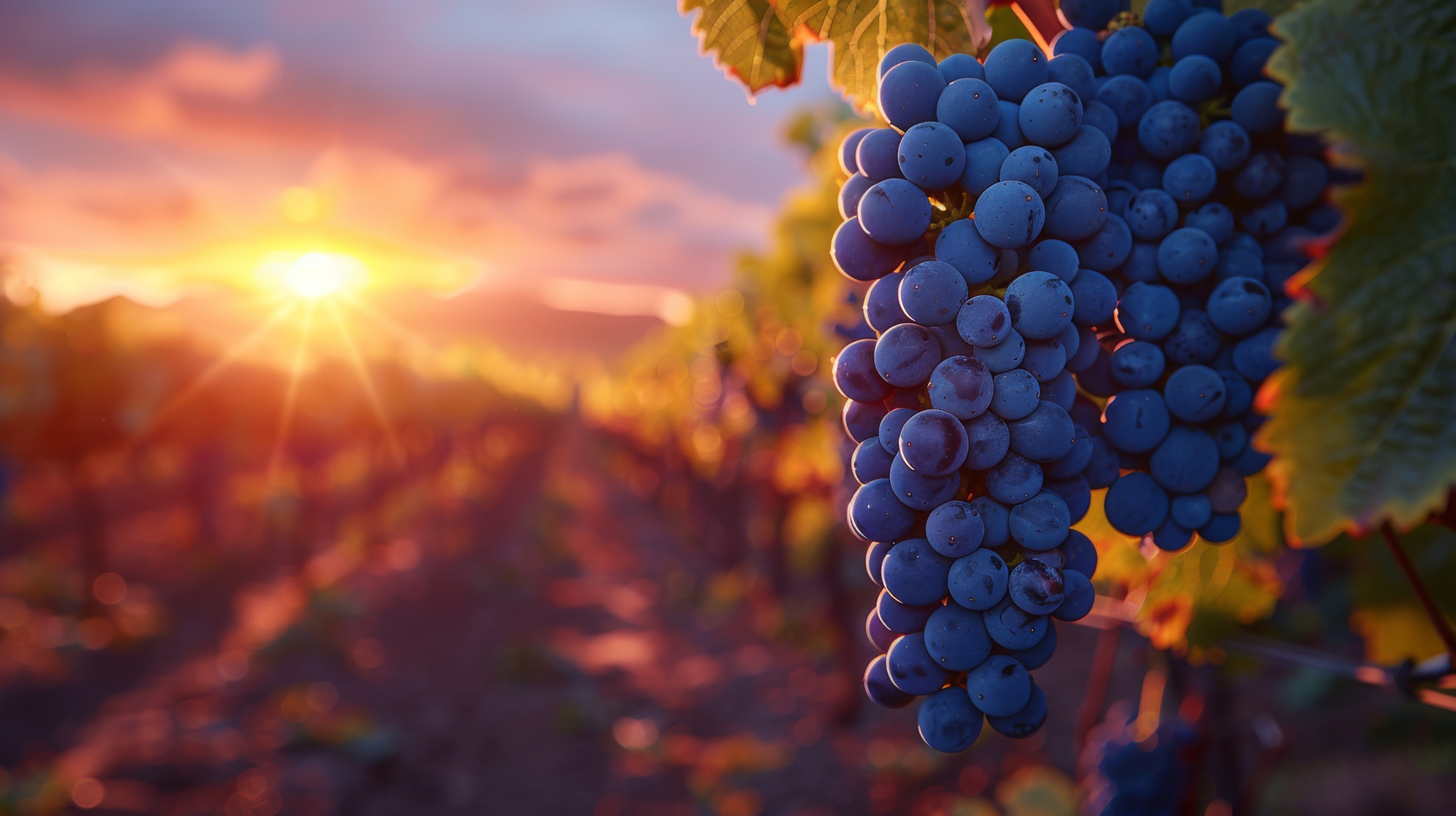 uvas en primer plano en medio de un viñedo con atardecer